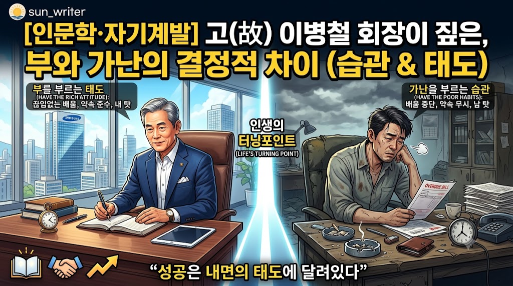 1. 대체 텍스트 (Alt Text) 고(故) 이병철 회장의 가르침을 바탕으로 부자와 가난한 자의 습관 및 태도 차이를 극명하게 대조한 블로그 썸네일 이미지. 왼쪽에는 밝은 사무실에서 미소를 지으며 메모하는 주도적인 남성의 모습이, 오른쪽에는 어둡고 산만한 방에서 청구서를 보며 한숨 쉬는 남성의 모습이 대비되어 있으며, 상단에 '[인문학·자기계발] 고(故) 이병철 회장이 짚은, 부와 가난의 결정적 차이 (습관 & 태도)'라는 자막이 크게 적혀 있다.