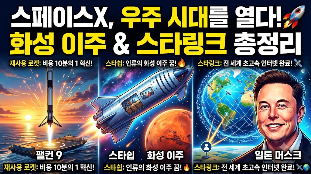 스페이스X 우주시대로 나아가는 일론머스크의 얼굴과 우주선 사진