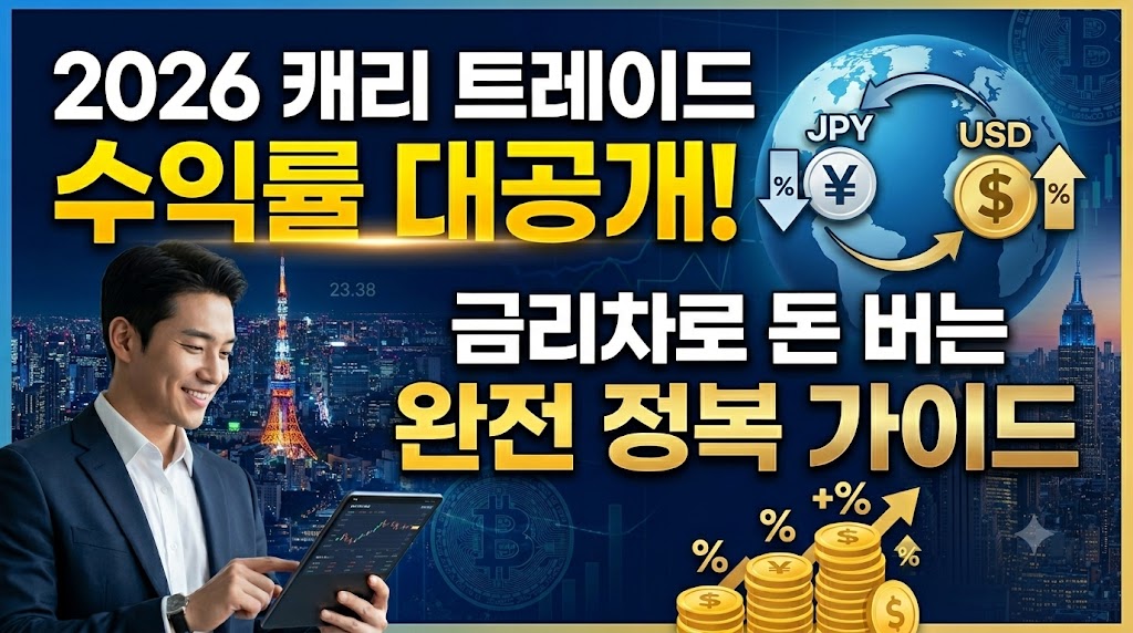 정장을 입고 태블릿으로 차트를 확인하는 남성과 '2026 캐리 트레이드 수익률 대공개! 금리차로 돈 버는 완전 정복 가이드'라는 문구가 적힌 금융 정보 콘텐츠 썸네일