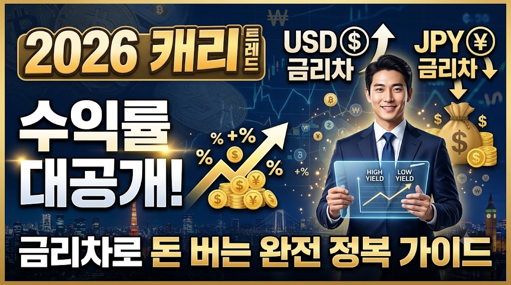 정장을 입고 태블릿으로 차트를 확인하는 남성과 '2026 캐리 트레이드 수익률 대공개! 금리차로 돈 버는 완전 정복 가이드'라는 문구가 적힌 금융 정보 콘텐츠 썸네일