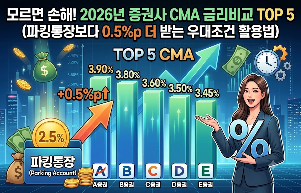 모르면 손해! 2026년 증권사 CMA 금리비교 TOP 5 (파킹통장보다 0.5%p 더 받는 우대조건 활용법)