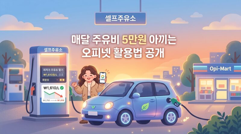 매달 주유비 5만원 아끼는 오피넷 활용법 공개'라는 문구와 함께 셀프 주유소에서 스마트폰 앱을 확인하는 여성 운전자 일러스트