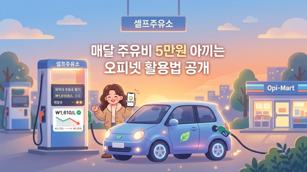 자동차 주유비 절약 오피넷 최저가 주유소 탐색 주유 전용 카드 할인과 경제 운전 꿀팁 일러스트