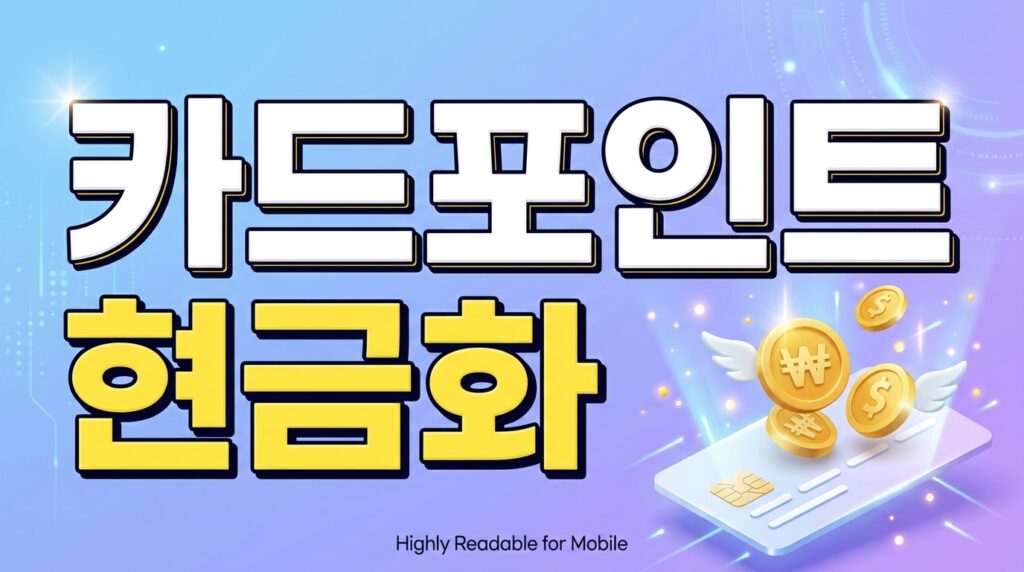 카드포인트 통합조회 현금화를 의미하는 한글 문구와 공중에 뜬 신용카드 및 입금 코인 이미지