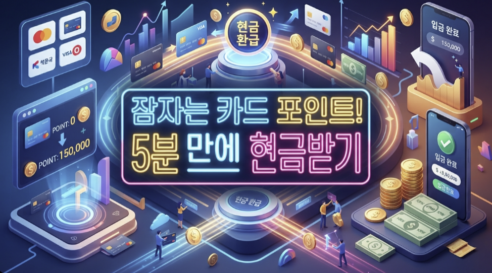신용카드 포인트 이미지 중앙에 "잠자는 신용카드 포인트 ! 5분 만에 현금으로 싹 돌려받기"라는 문구가 세련된 한글 서체와 네온 효과로 정확하게 인쇄 합성되어 박힌 디자인. 배경은 신용카드 포인트 현금화! 잠자는 돈 즉시 이체 방법 테마의 입체적 소품들이 정밀 배치된 3D 렌더링.