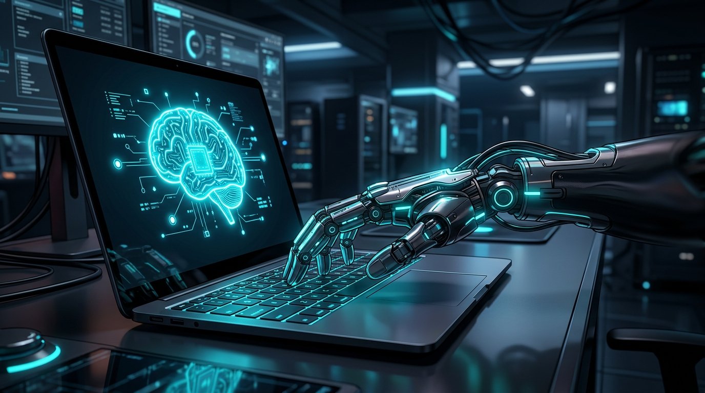 A smart robotic hand typing on a slim laptop with a glowing brain microchip icon, 3D webtoon style, 16:9