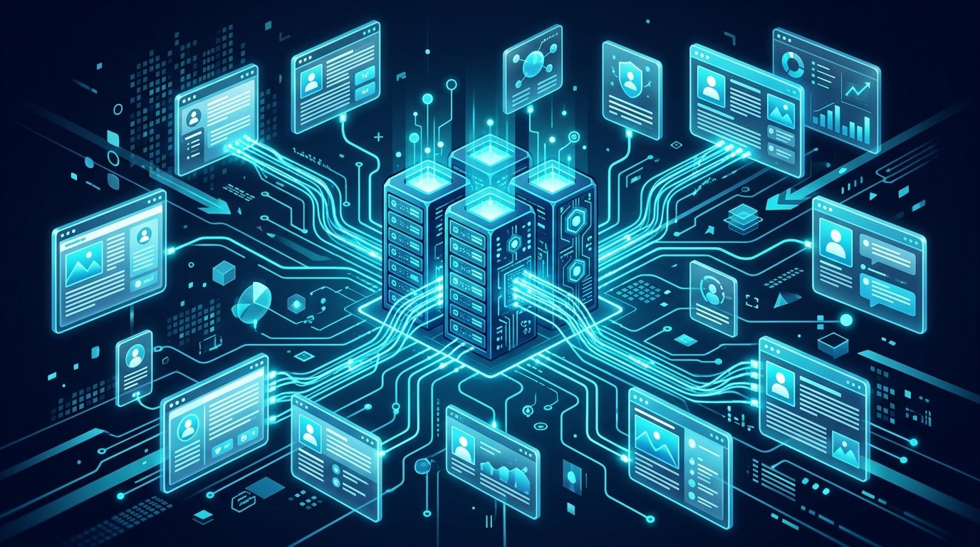 An conceptual infographic showing cloud servers connecting to various blog platforms automatically, 3D webtoon style, 16:9