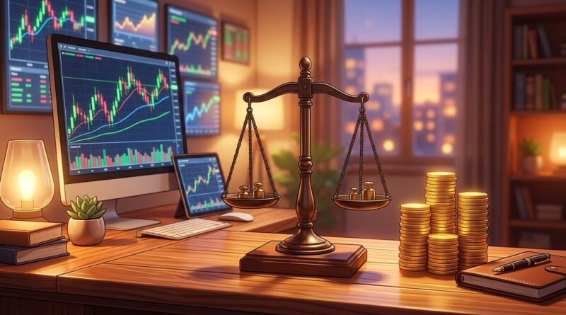 A scale of justice balancing gold coins next to a calculator and stock charts on a wooden desk, 3D webtoon style, 16:9