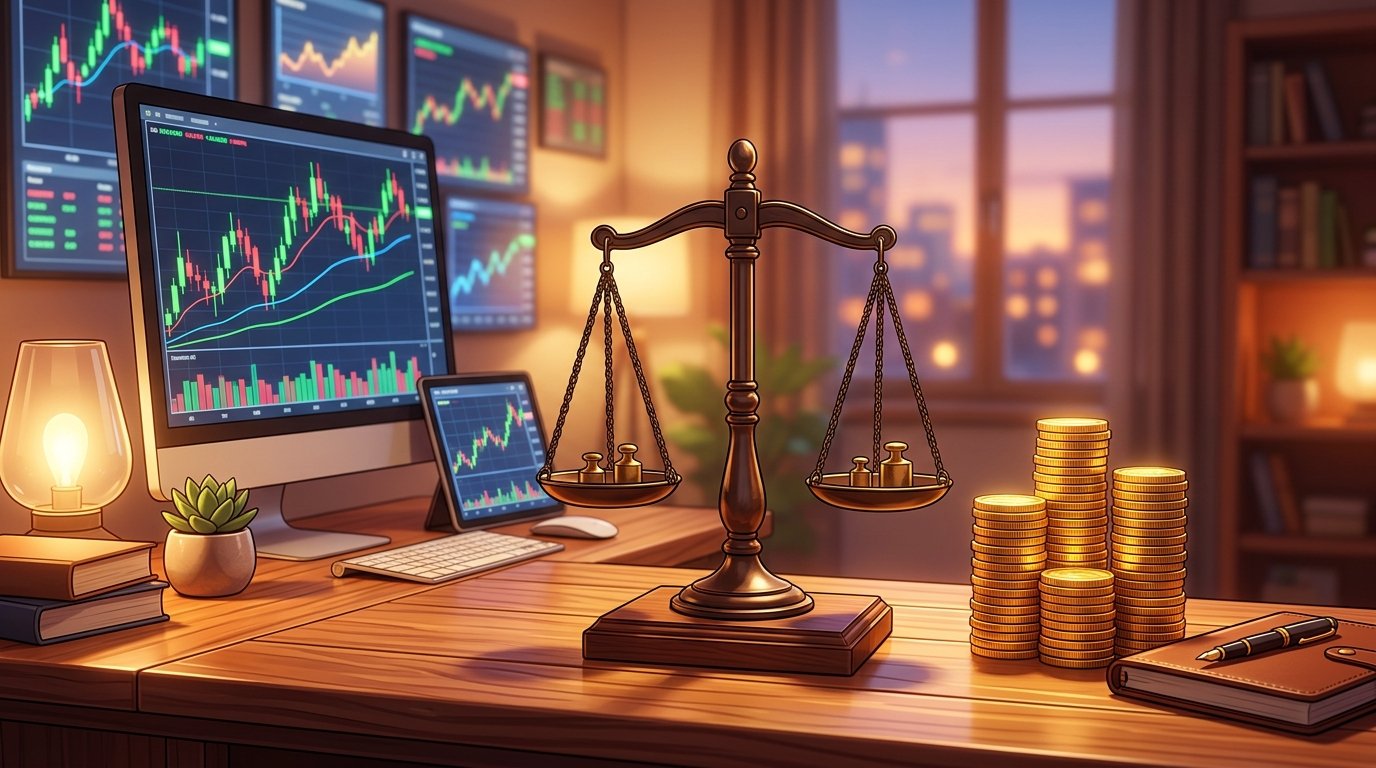 A scale of justice balancing gold coins next to a calculator and stock charts on a wooden desk, 3D webtoon style, 16:9