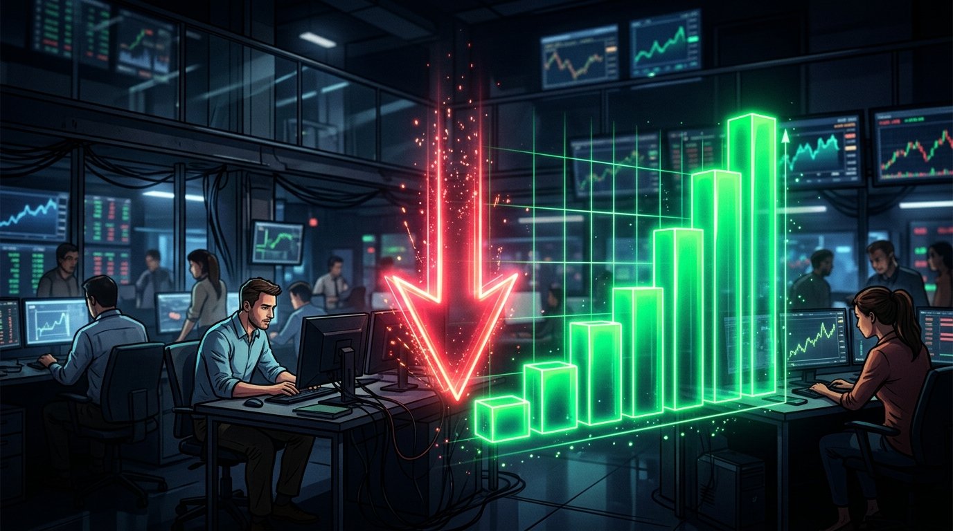 An glowing downward trend arrow representing federal interest rate cut and stock market indexes rising, 3D webtoon style, 16:9