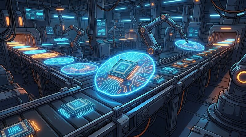 A glowing silicon wafer and advanced computer microchips on a robotic production line desk, 3D webtoon style, 16:9