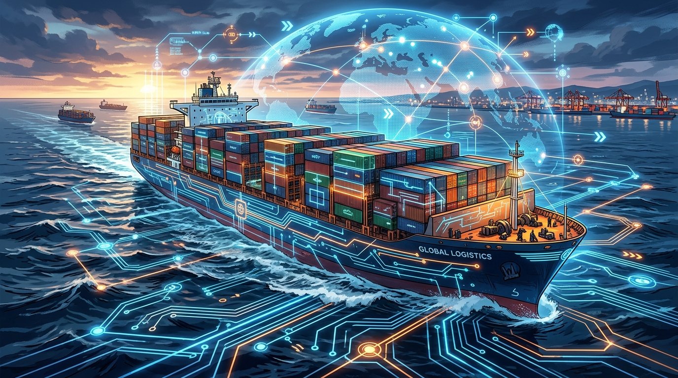 An global shipping container ship navigating between continents with microchip digital graphics overlay, 3D webtoon style, 16:9