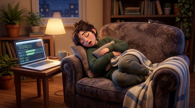 A laptop showing automatic script tasks next to a sleeping employee on a cozy armchair, 3D webtoon style, 16:9
