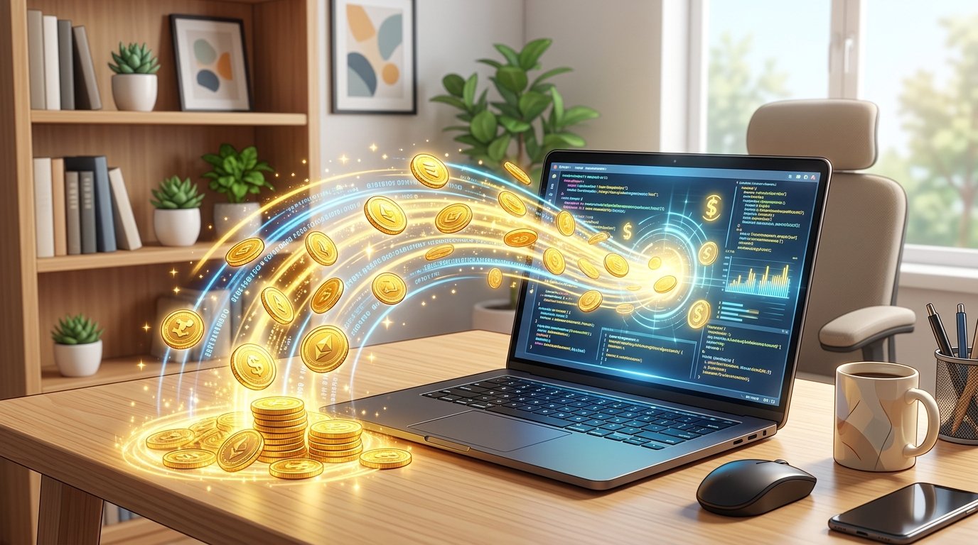 An credit card stack and digital cash flowing out of a laptop monitor automatically, 3D webtoon style, 16:9