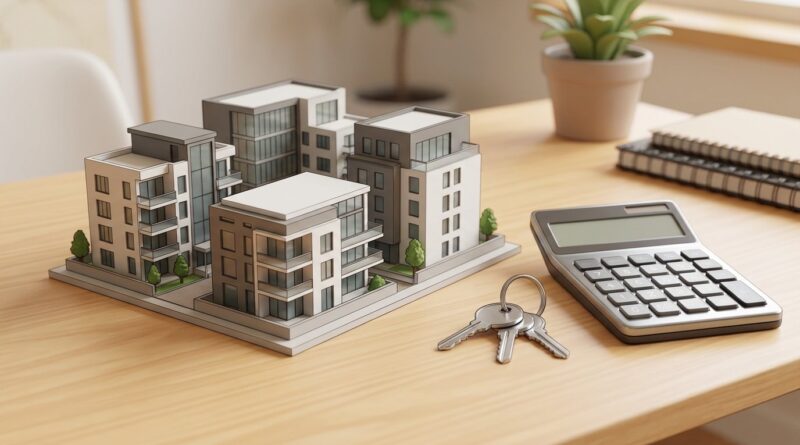 A model of modern apartment buildings next to resident keys and a calculator on a tidy table, 3D webtoon style, 16:9