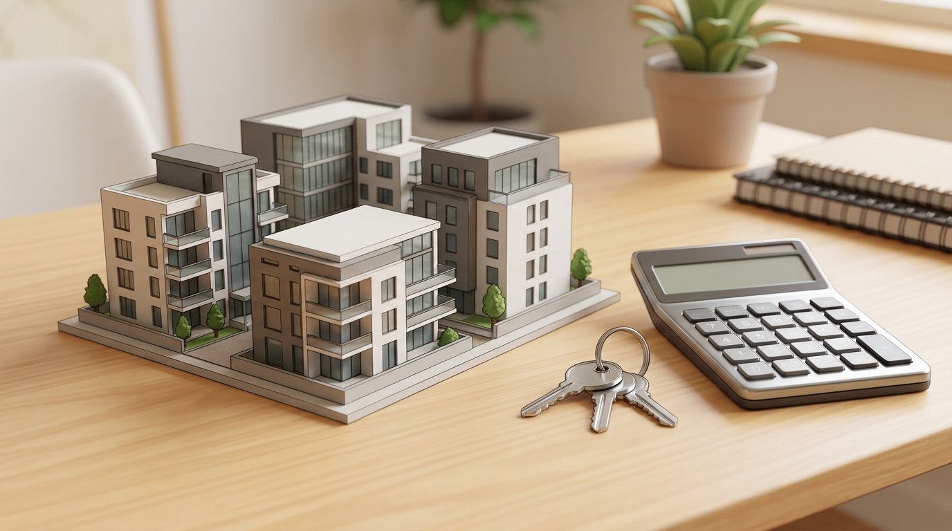 A model of modern apartment buildings next to resident keys and a calculator on a tidy table, 3D webtoon style, 16:9