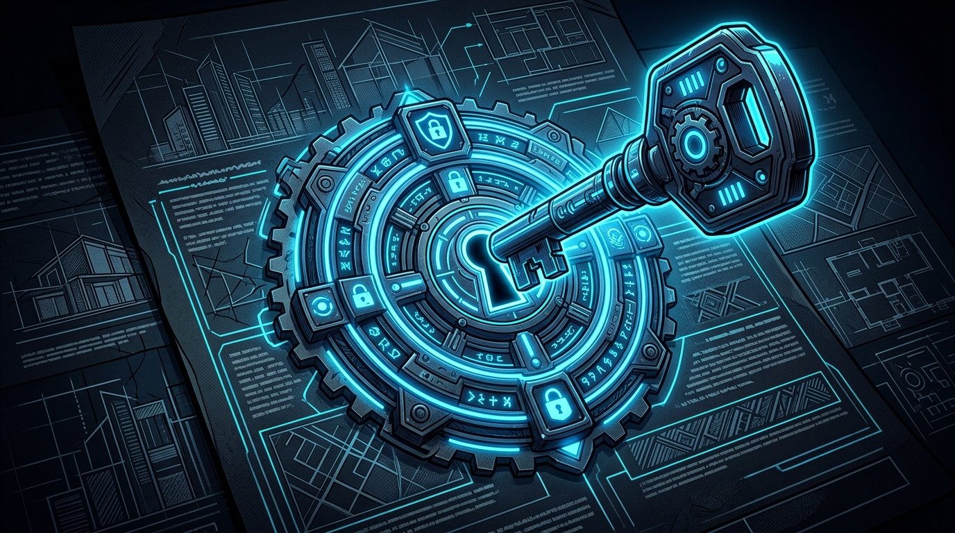 An graphic showing a house key locking into a security seal contract document, 3D webtoon style, 16:9